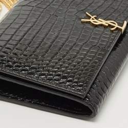 Saint Laurent Black Croc Embossed Leather Monogram Wallet On Chain