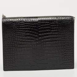 Pre Owned Saint Laurent Black Croc Embossed Leather Cassandra Wallet on Chain