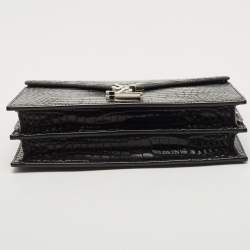 Pre Owned Saint Laurent Black Croc Embossed Leather Cassandra Wallet on Chain
