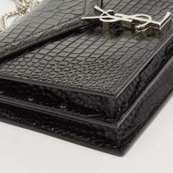 Pre Owned Saint Laurent Black Croc Embossed Leather Cassandra Wallet on Chain