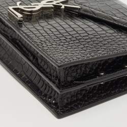Pre Owned Saint Laurent Black Croc Embossed Leather Cassandra Wallet on Chain