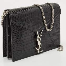 Pre Owned Saint Laurent Black Croc Embossed Leather Cassandra Wallet on Chain