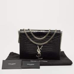 Pre Owned Saint Laurent Black Croc Embossed Leather Cassandra Wallet on Chain