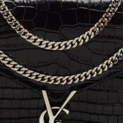 Pre Owned Saint Laurent Black Croc Embossed Leather Cassandra Wallet on Chain