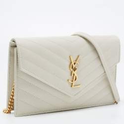 Saint Laurent White Matelassé Leather Cassandre Wallet on Chain