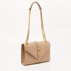 Pre Owned Saint Laurent Beige Matelassé Leather Small Envelope Chain Shoulder Bag