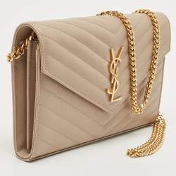 Saint Laurent Beige Matelassé Leather Cassandre Wallet on Chain