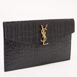 Saint Laurent Black Croc Embossed Leather Medium Uptown Clutch