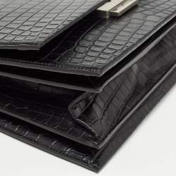 Saint Laurent Black Croc Embossed Leather Medium Babylone Top Handle Bag