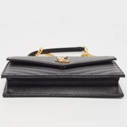 Saint Laurent Black Matelassé Leather Cassandre Wallet on Chain