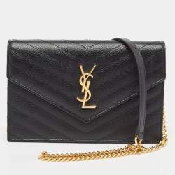 Saint Laurent Black Matelassé Leather Cassandre Wallet on Chain