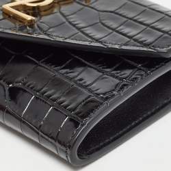 Saint Laurent Black Croc Embossed Leather Monogram Compact Wallet