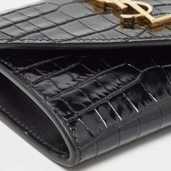 Saint Laurent Black Croc Embossed Leather Monogram Compact Wallet