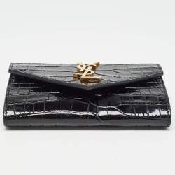 Saint Laurent Black Croc Embossed Leather Monogram Compact Wallet