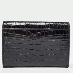 Saint Laurent Black Croc Embossed Leather Monogram Compact Wallet