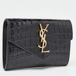 Saint Laurent Black Croc Embossed Leather Monogram Compact Wallet