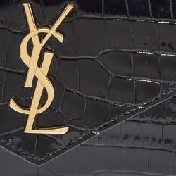 Saint Laurent Black Croc Embossed Leather Monogram Compact Wallet