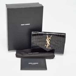 Saint Laurent Black Croc Embossed Leather Monogram Compact Wallet