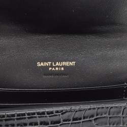 Saint Laurent Black Croc Embossed Leather Monogram Compact Wallet