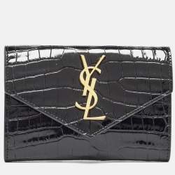 Saint Laurent Black Croc Embossed Leather Monogram Compact Wallet