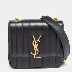 Pre Owned Saint Laurent Black Leather Medium Monogram Vicky Crossbody Bag