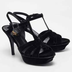 Pre Owned Saint Laurent Black Velvet Tribute Sandals Size 38.5