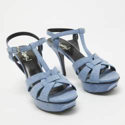 Pre Owned Saint Laurent Blue Denim Tribute Sandals Size 39.5