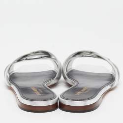 Saint Laurent Silver Leather Tribute Flat Slides Size 39