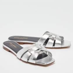 Saint Laurent Silver Leather Tribute Flat Slides Size 39