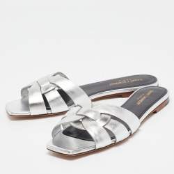 Saint Laurent Silver Leather Tribute Flat Slides Size 39