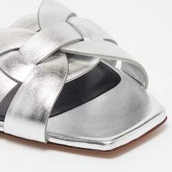 Saint Laurent Silver Leather Tribute Flat Slides Size 39