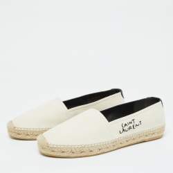 Pre Owned Saint Laurent Beige Canvas Embroidered Slip On Espadrille Loafers Size 38