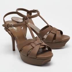 Pre Owned Saint Laurent Brown Leather Tribute Sandals Size 40