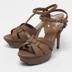 Pre Owned Saint Laurent Brown Leather Tribute Sandals Size 40