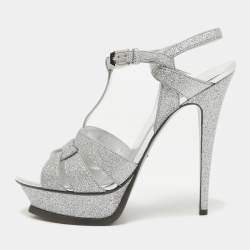 Saint Laurent Silver Glitter Tribute Sandals Size 41