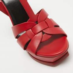 Pre Owned Saint Laurent Red Leather Tribute Platform Sandals Size 38.5