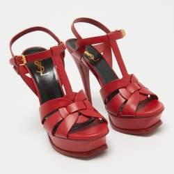 Pre Owned Saint Laurent Red Leather Tribute Platform Sandals Size 38.5