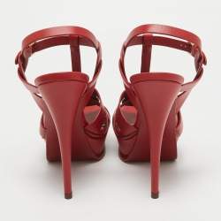 Pre Owned Saint Laurent Red Leather Tribute Platform Sandals Size 38.5