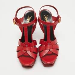 Pre Owned Saint Laurent Red Leather Tribute Platform Sandals Size 38.5