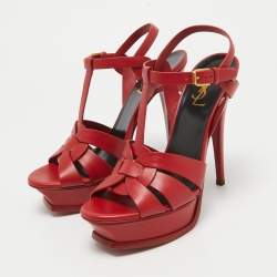 Pre Owned Saint Laurent Red Leather Tribute Platform Sandals Size 38.5