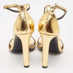 Saint Laurent Gold Python Embossed Leather Amber Ankle Strap Sandals Size 39