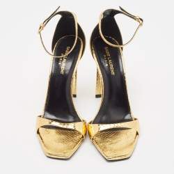 Saint Laurent Gold Python Embossed Leather Amber Ankle Strap Sandals Size 39