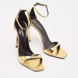 Saint Laurent Gold Python Embossed Leather Amber Ankle Strap Sandals Size 39