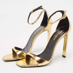 Saint Laurent Gold Python Embossed Leather Amber Ankle Strap Sandals Size 39