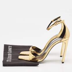 Saint Laurent Gold Python Embossed Leather Amber Ankle Strap Sandals Size 39