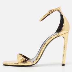 Saint Laurent Gold Python Embossed Leather Amber Ankle Strap Sandals Size 39
