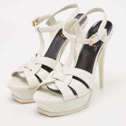 Saint Laurent White Leather Tribute Platform Sandals Size 39