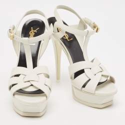 Saint Laurent White Leather Tribute Platform Sandals Size 39