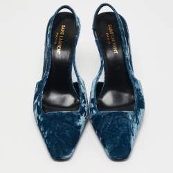 Saint Laurent Blue Velvet Blade Slingback Pumps Size 38.5