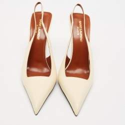 Pre Owned Saint Laurent Cream Leather Kiss Slingback Pumps Size 39
